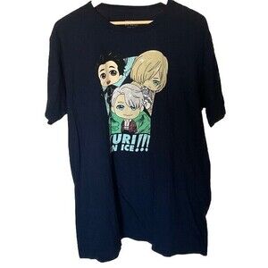 Yuri!!! On Ice Anime Men's XL Blue T-Shirt with Yuri, Yuuri and Victor on Skates